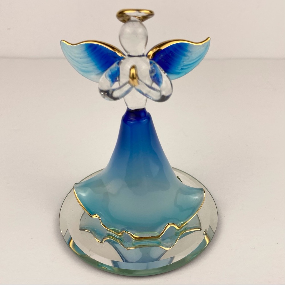 Hand Blown Blue Glass Angel 4 inch Gold Trim on Mirror Praying Hands